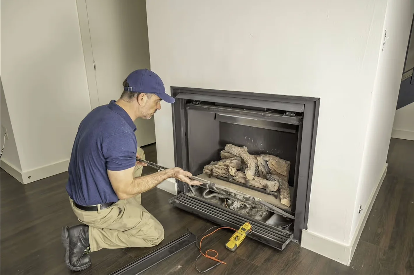 Technician servicing a fireplace